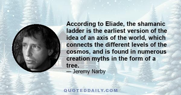 According to Eliade, the shamanic ladder is the earliest version of the idea of an axis of the world, which connects the different levels of the cosmos, and is found in numerous creation myths in the form of a tree.