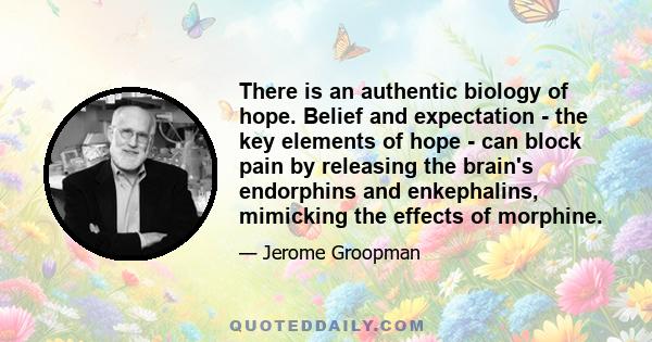 There is an authentic biology of hope. Belief and expectation - the key elements of hope - can block pain by releasing the brain's endorphins and enkephalins, mimicking the effects of morphine.