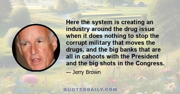 Here the system is creating an industry around the drug issue when it does nothing to stop the corrupt military that moves the drugs, and the big banks that are all in cahoots with the President and the big shots in the 