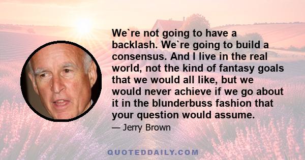 We`re not going to have a backlash. We`re going to build a consensus. And I live in the real world, not the kind of fantasy goals that we would all like, but we would never achieve if we go about it in the blunderbuss