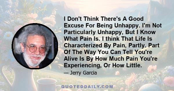 I Don't Think There's A Good Excuse For Being Unhappy. I'm Not Particularly Unhappy, But I Know What Pain Is. I think That Life Is Characterized By Pain, Partly. Part Of The Way You Can Tell You're Alive Is By How Much