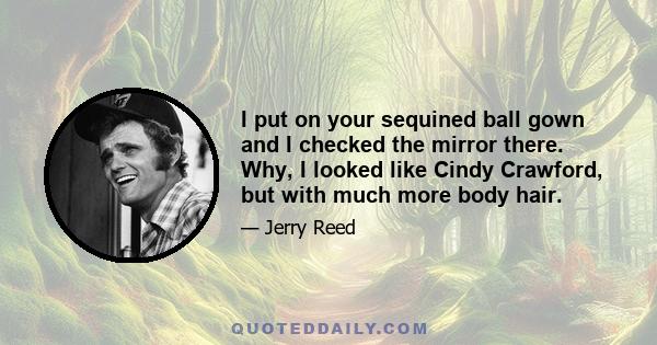 I put on your sequined ball gown and I checked the mirror there. Why, I looked like Cindy Crawford, but with much more body hair.