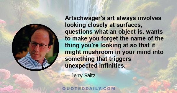 Artschwager's art always involves looking closely at surfaces, questions what an object is, wants to make you forget the name of the thing you're looking at so that it might mushroom in your mind into something that