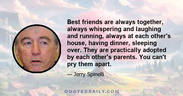 Best friends are always together, always whispering and laughing and running, always at each other's house, having dinner, sleeping over. They are practically adopted by each other's parents. You can't pry them apart.