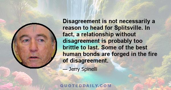 Disagreement is not necessarily a reason to head for Splitsville. In fact, a relationship without disagreement is probably too brittle to last. Some of the best human bonds are forged in the fire of disagreement.