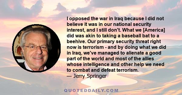 I opposed the war in Iraq because I did not believe it was in our national security interest, and I still don't. What we [America] did was akin to taking a baseball bat to a beehive. Our primary security threat right