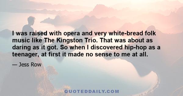 I was raised with opera and very white-bread folk music like The Kingston Trio. That was about as daring as it got. So when I discovered hip-hop as a teenager, at first it made no sense to me at all.