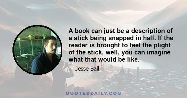 A book can just be a description of a stick being snapped in half. If the reader is brought to feel the plight of the stick, well, you can imagine what that would be like.