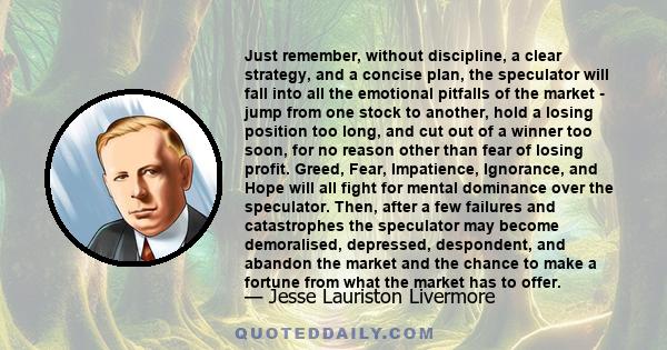 Just remember, without discipline, a clear strategy, and a concise plan, the speculator will fall into all the emotional pitfalls of the market - jump from one stock to another, hold a losing position too long, and cut