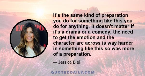 It's the same kind of preparation you do for something like this you do for anything. It doesn't matter if it's a drama or a comedy, the need to get the emotion and the character arc across is way harder in something