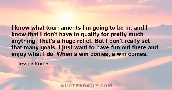 I know what tournaments I'm going to be in, and I know that I don't have to qualify for pretty much anything. That's a huge relief. But I don't really set that many goals, I just want to have fun out there and enjoy