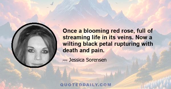 Once a blooming red rose, full of streaming life in its veins. Now a wilting black petal rupturing with death and pain.