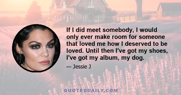 If I did meet somebody, I would only ever make room for someone that loved me how I deserved to be loved. Until then I've got my shoes, I've got my album, my dog.