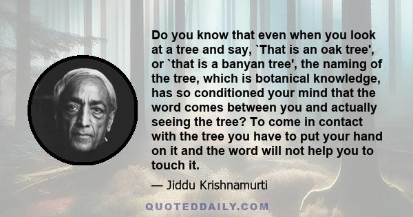 Do you know that even when you look at a tree and say, `That is an oak tree', or `that is a banyan tree', the naming of the tree, which is botanical knowledge, has so conditioned your mind that the word comes between