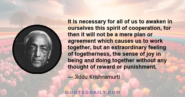 It is necessary for all of us to awaken in ourselves this spirit of cooperation, for then it will not be a mere plan or agreement which causes us to work together, but an extraordinary feeling of togetherness, the sense 