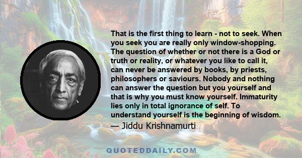 That is the first thing to learn - not to seek. When you seek you are really only window-shopping. The question of whether or not there is a God or truth or reality, or whatever you like to call it, can never be