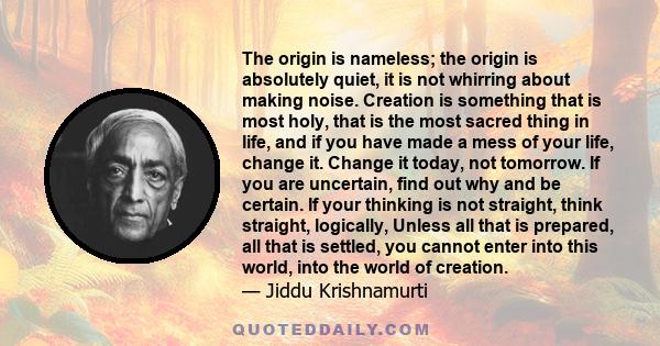 The origin is nameless; the origin is absolutely quiet, it is not whirring about making noise. Creation is something that is most holy, that is the most sacred thing in life, and if you have made a mess of your life,