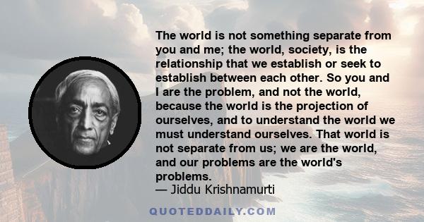 The world is not something separate from you and me; the world, society, is the relationship that we establish or seek to establish between each other. So you and I are the problem, and not the world, because the world