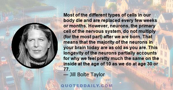 Most of the different types of cells in our body die and are replaced every few weeks or months. However, neurons, the primary cell of the nervous system, do not multiply (for the most part) after we are born. That