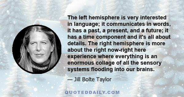 The left hemisphere is very interested in language; it communicates in words, it has a past, a present, and a future; it has a time component and it's all about details. The right hemisphere is more about the right