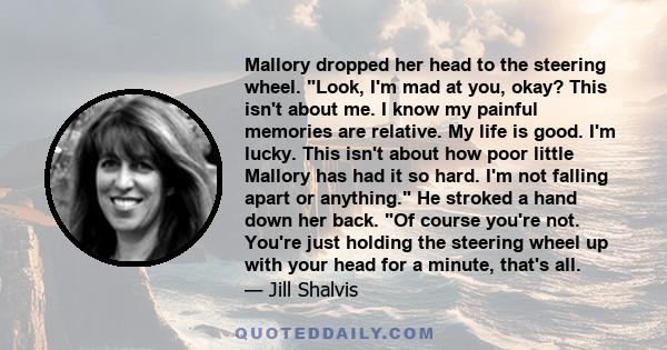 Mallory dropped her head to the steering wheel. Look, I'm mad at you, okay? This isn't about me. I know my painful memories are relative. My life is good. I'm lucky. This isn't about how poor little Mallory has had it