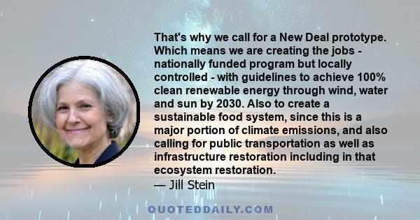 That's why we call for a New Deal prototype. Which means we are creating the jobs - nationally funded program but locally controlled - with guidelines to achieve 100% clean renewable energy through wind, water and sun