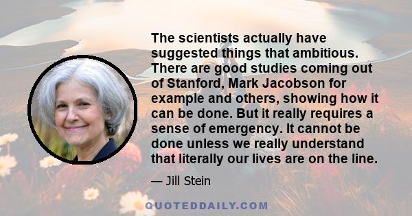 The scientists actually have suggested things that ambitious. There are good studies coming out of Stanford, Mark Jacobson for example and others, showing how it can be done. But it really requires a sense of emergency. 