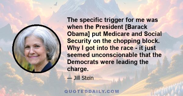 The specific trigger for me was when the President [Barack Obama] put Medicare and Social Security on the chopping block. Why I got into the race - it just seemed unconscionable that the Democrats were leading the