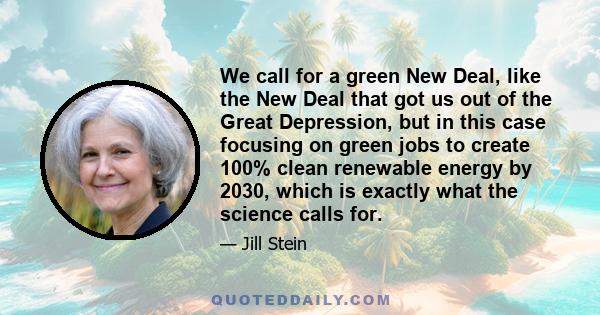 We call for a green New Deal, like the New Deal that got us out of the Great Depression, but in this case focusing on green jobs to create 100% clean renewable energy by 2030, which is exactly what the science calls for.