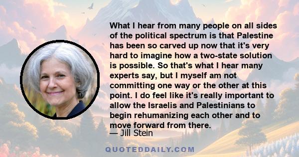 What I hear from many people on all sides of the political spectrum is that Palestine has been so carved up now that it's very hard to imagine how a two-state solution is possible. So that's what I hear many experts