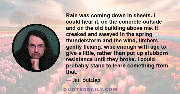 Rain was coming down in sheets. I could hear it, on the concrete outside and on the old building above me. It creaked and swayed in the spring thunderstorm and the wind, timbers gently flexing, wise enough with age to