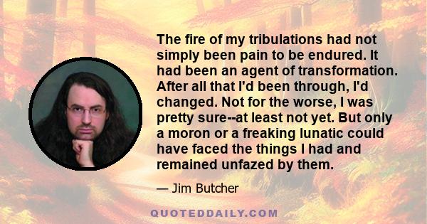 The fire of my tribulations had not simply been pain to be endured. It had been an agent of transformation. After all that I'd been through, I'd changed. Not for the worse, I was pretty sure--at least not yet. But only