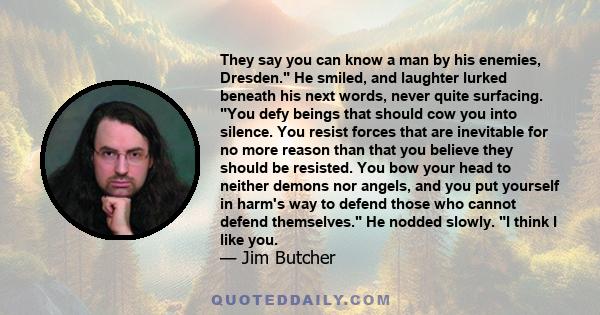 They say you can know a man by his enemies, Dresden. He smiled, and laughter lurked beneath his next words, never quite surfacing. You defy beings that should cow you into silence. You resist forces that are inevitable