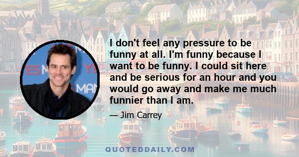 I don't feel any pressure to be funny at all. I'm funny because I want to be funny. I could sit here and be serious for an hour and you would go away and make me much funnier than I am.