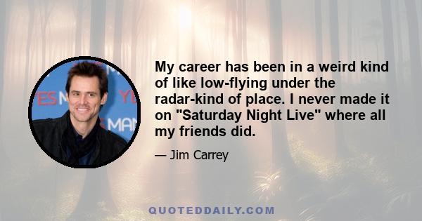 My career has been in a weird kind of like low-flying under the radar-kind of place. I never made it on Saturday Night Live where all my friends did.