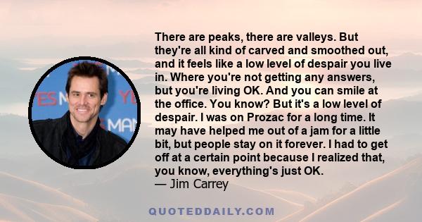 There are peaks, there are valleys. But they're all kind of carved and smoothed out, and it feels like a low level of despair you live in. Where you're not getting any answers, but you're living OK. And you can smile at 