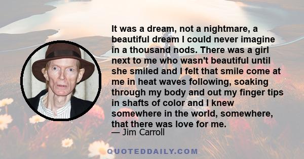 It was a dream, not a nightmare, a beautiful dream I could never imagine in a thousand nods. There was a girl next to me who wasn't beautiful until she smiled and I felt that smile come at me in heat waves following,