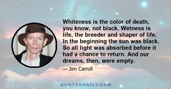 Whiteness is the color of death, you know, not black. Wetness is life, the breeder and shaper of life. In the beginning the sun was black. So all light was absorbed before it had a chance to return. And our dreams,