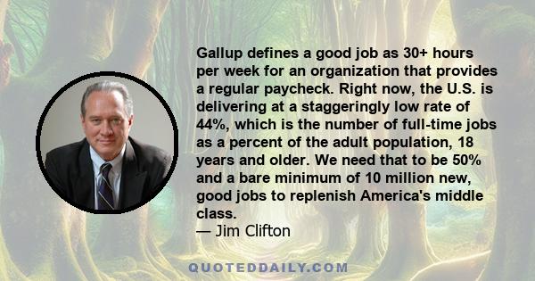 Gallup defines a good job as 30+ hours per week for an organization that provides a regular paycheck. Right now, the U.S. is delivering at a staggeringly low rate of 44%, which is the number of full-time jobs as a