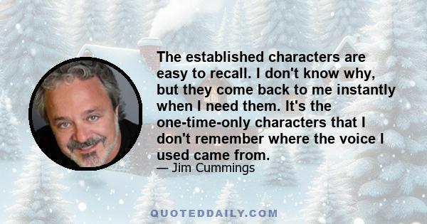 The established characters are easy to recall. I don't know why, but they come back to me instantly when I need them. It's the one-time-only characters that I don't remember where the voice I used came from.