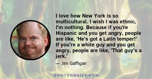 I love how New York is so multicultural. I wish I was ethnic, I'm nothing. Because if you're Hispanic and you get angry, people are like, 'He's got a Latin temper!' If you're a white guy and you get angry, people are