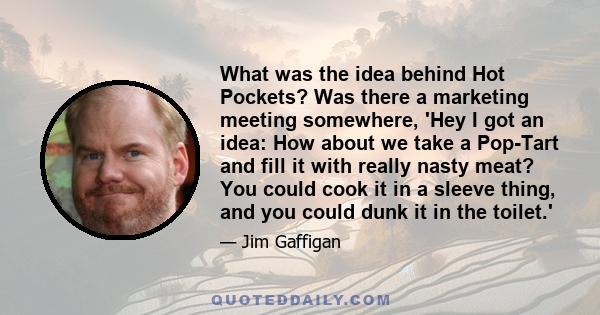 What was the idea behind Hot Pockets? Was there a marketing meeting somewhere, 'Hey I got an idea: How about we take a Pop-Tart and fill it with really nasty meat? You could cook it in a sleeve thing, and you could dunk 