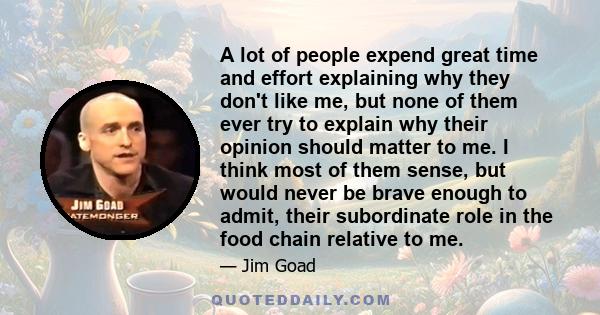 A lot of people expend great time and effort explaining why they don't like me, but none of them ever try to explain why their opinion should matter to me. I think most of them sense, but would never be brave enough to