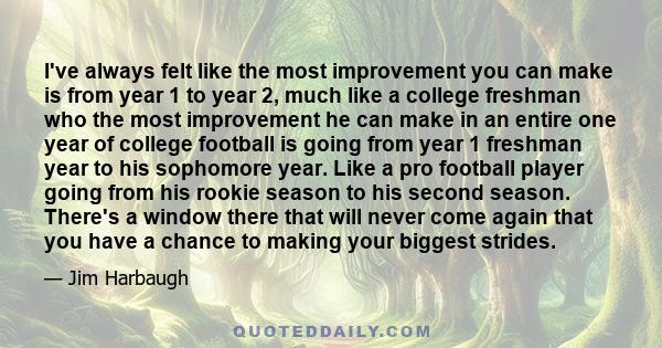 I've always felt like the most improvement you can make is from year 1 to year 2, much like a college freshman who the most improvement he can make in an entire one year of college football is going from year 1 freshman 