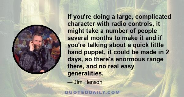 If you're doing a large, complicated character with radio controls, it might take a number of people several months to make it and if you're talking about a quick little hand puppet, it could be made in 2 days, so