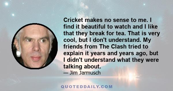 Cricket makes no sense to me. I find it beautiful to watch and I like that they break for tea. That is very cool, but I don't understand. My friends from The Clash tried to explain it years and years ago, but I didn't