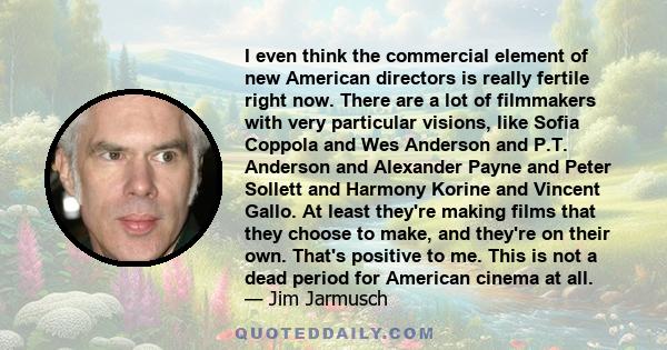 I even think the commercial element of new American directors is really fertile right now. There are a lot of filmmakers with very particular visions, like Sofia Coppola and Wes Anderson and P.T. Anderson and Alexander