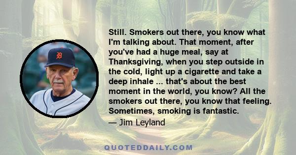 Still. Smokers out there, you know what I'm talking about. That moment, after you've had a huge meal, say at Thanksgiving, when you step outside in the cold, light up a cigarette and take a deep inhale ... that's about