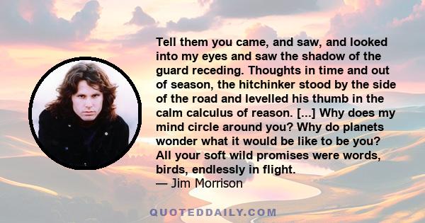 Tell them you came, and saw, and looked into my eyes and saw the shadow of the guard receding. Thoughts in time and out of season, the hitchinker stood by the side of the road and levelled his thumb in the calm calculus 