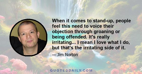 When it comes to stand-up, people feel this need to voice their objection through groaning or being offended. It's really irritating... I mean I love what I do, but that's the irritating side of it.